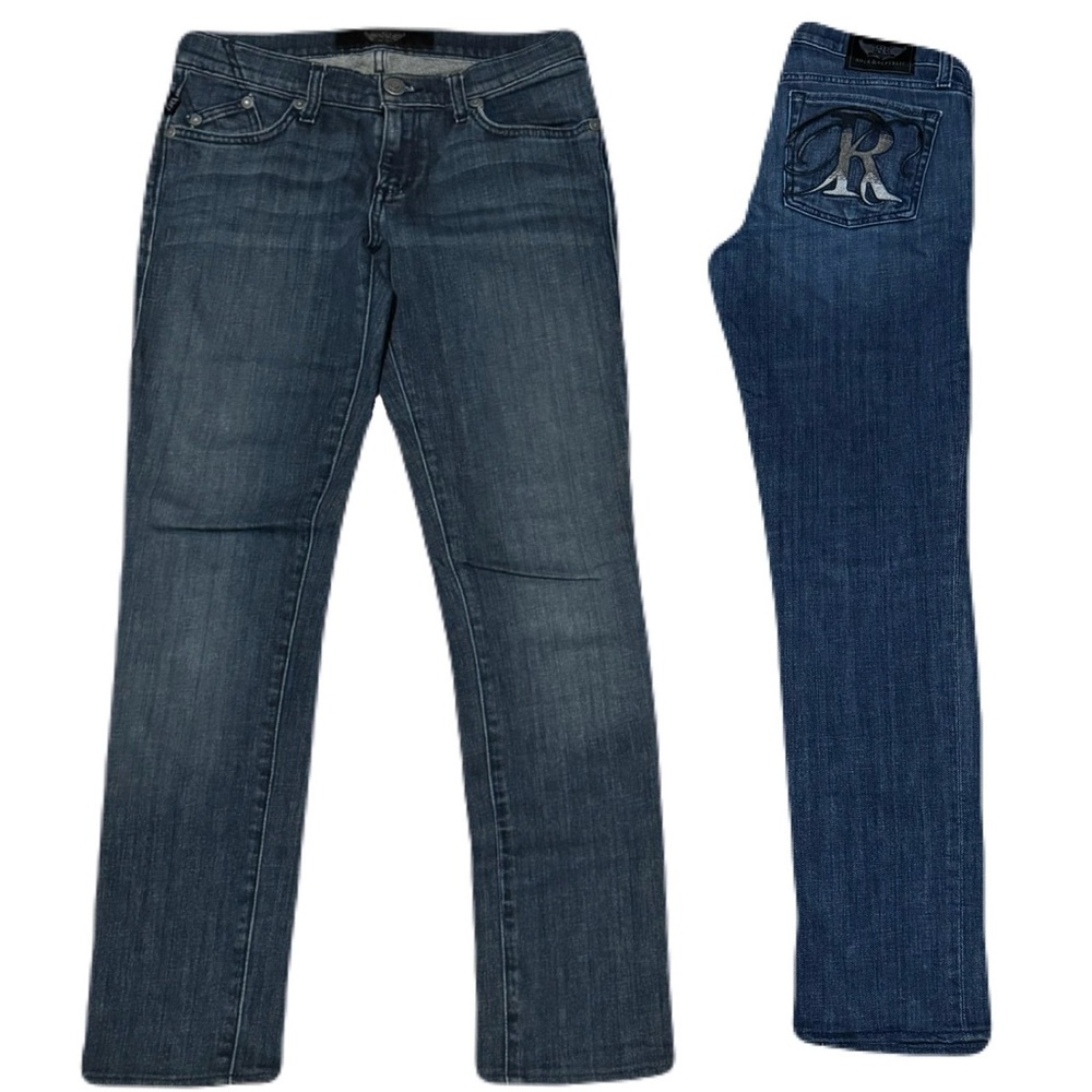 Berlin Skinny Dark Jeans Mid Rise Embroidery Logo Size 27 Rock & Republic